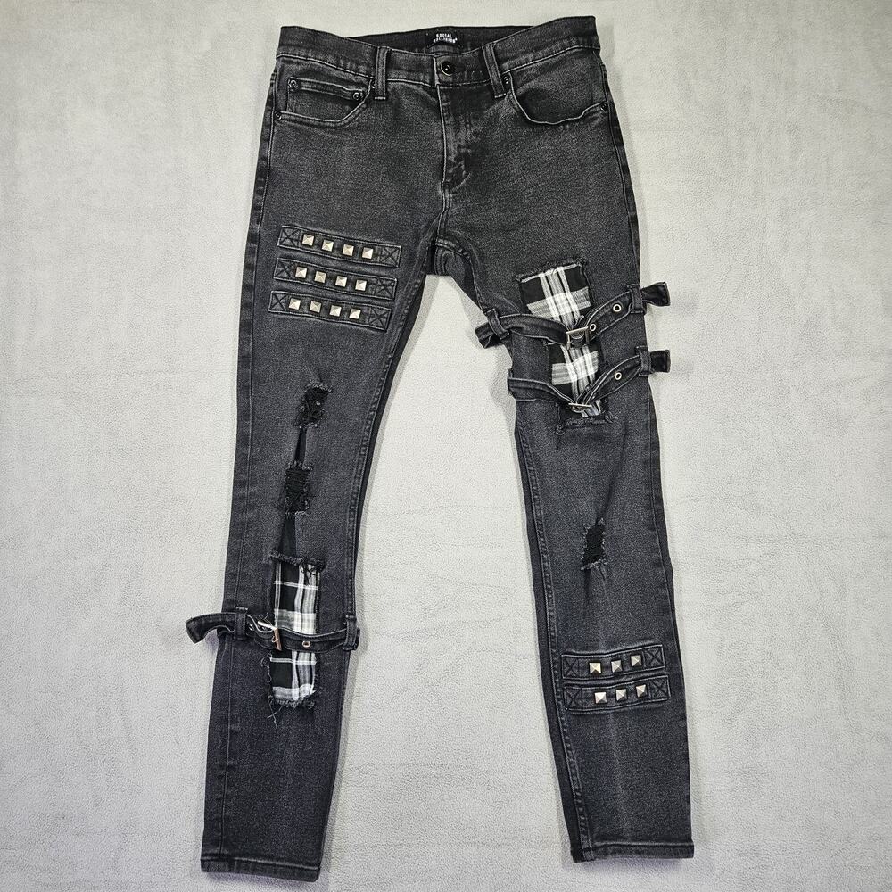 Social Collision Skinny Jeans Mens 34x29* Black White Plaid Patch Stinger Grunge